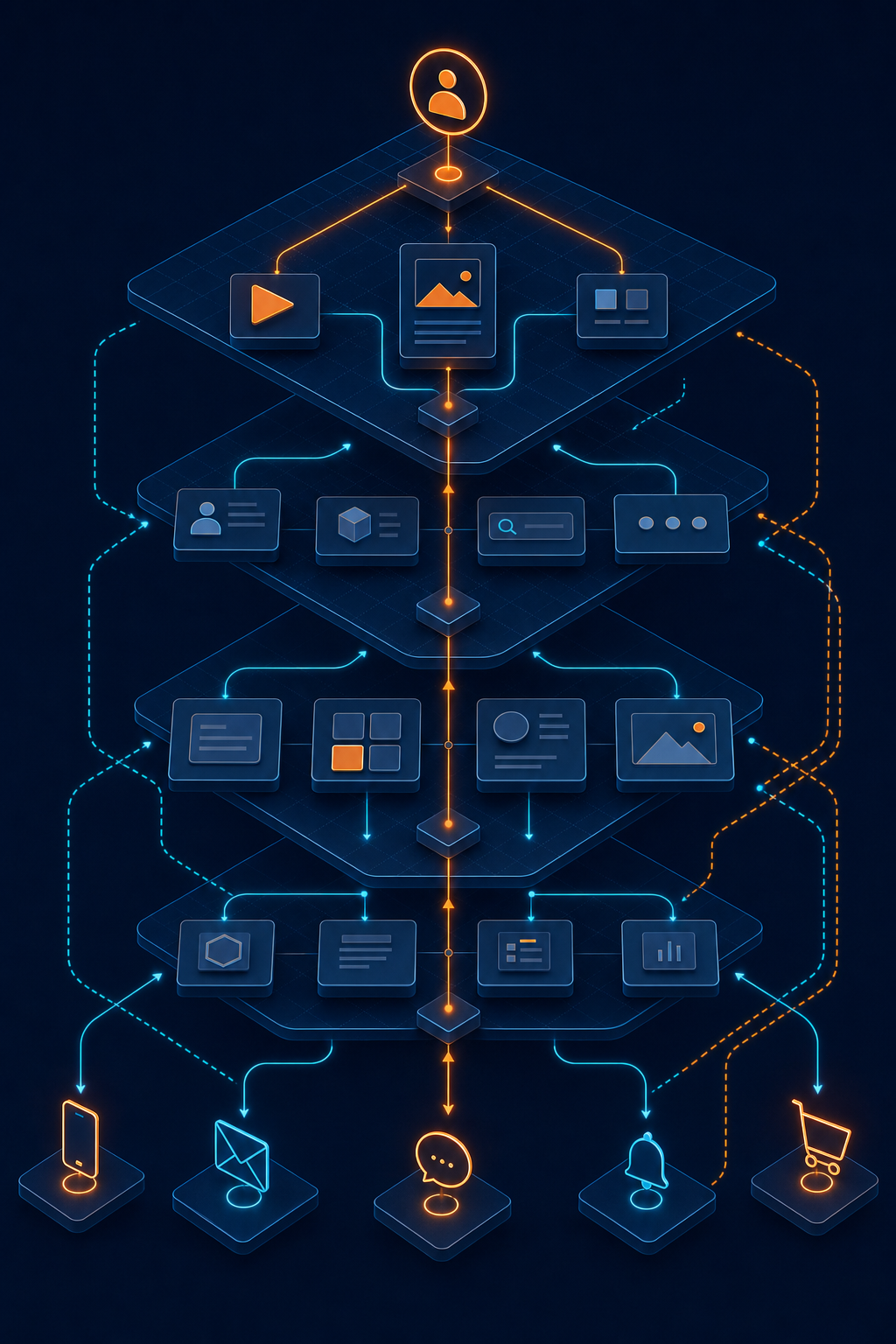 Layered diagram of an information architecture and customer journey, from entry point through structured content tiers to delivery channels.